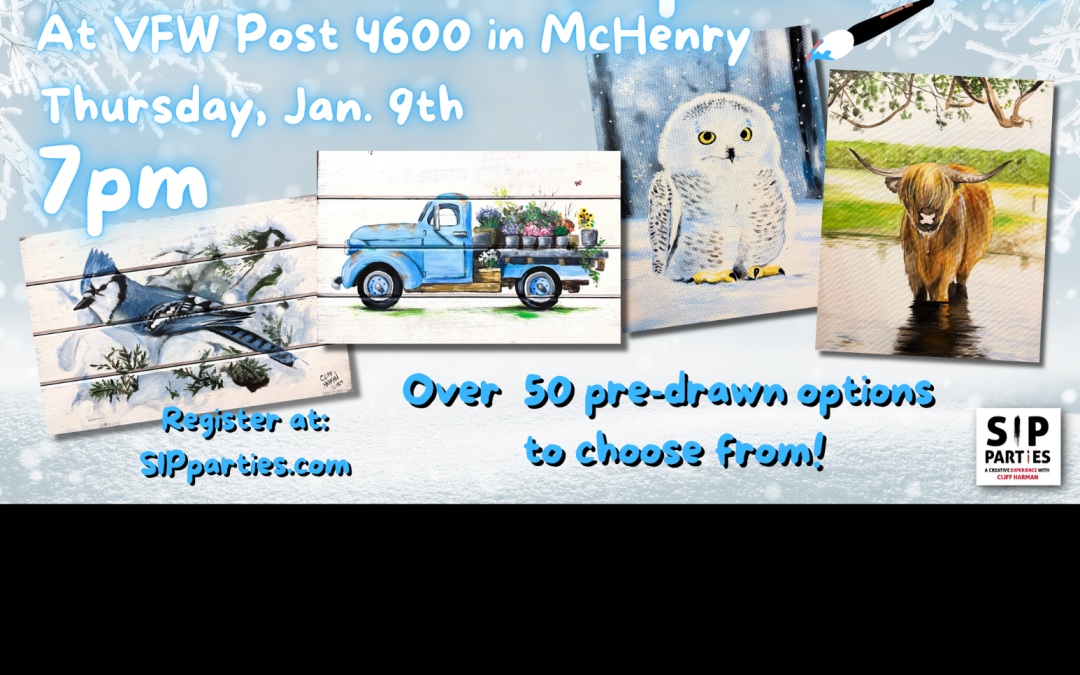 Pre-Drawn SIP & Paint Experience at VFW Post 4600 in McHenry! Thursday, Jan. 9th  7PM