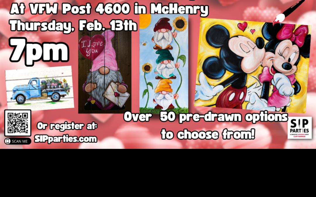 Pre-Drawn SIP & Paint Experience at VFW Post 4600 in McHenry! Thursday, Feb. 13th  7PM
