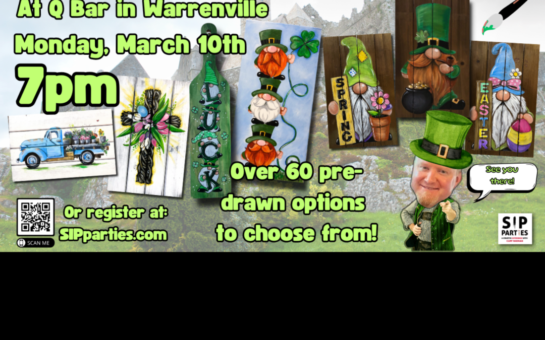 Pre-Drawn SIP & Paint Experience! Q Bar in Warrenville.  Monday, March 10th  7PM