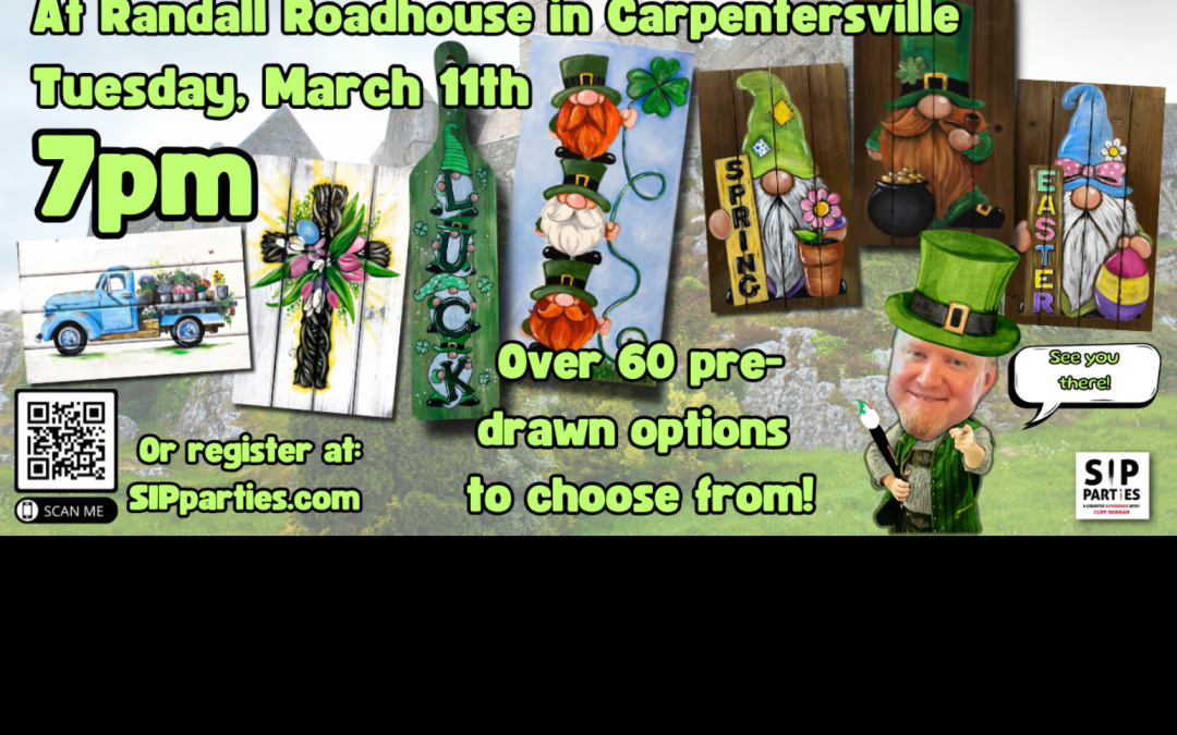 Pre-Drawn SIP & Paint Experience! Randall Roadhouse in Carpentersville.  Tuesday, March 11th  7PM