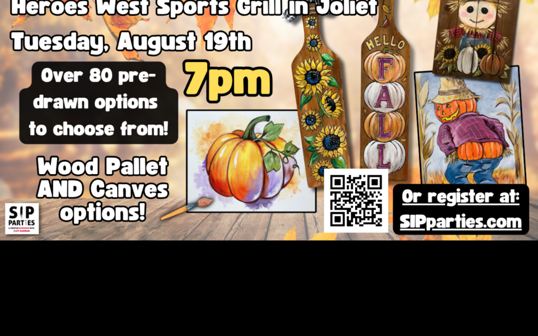 Pre-Drawn SIP & Paint Experience! Heroes West in Joliet.  Tuesday, August 19th 7PM