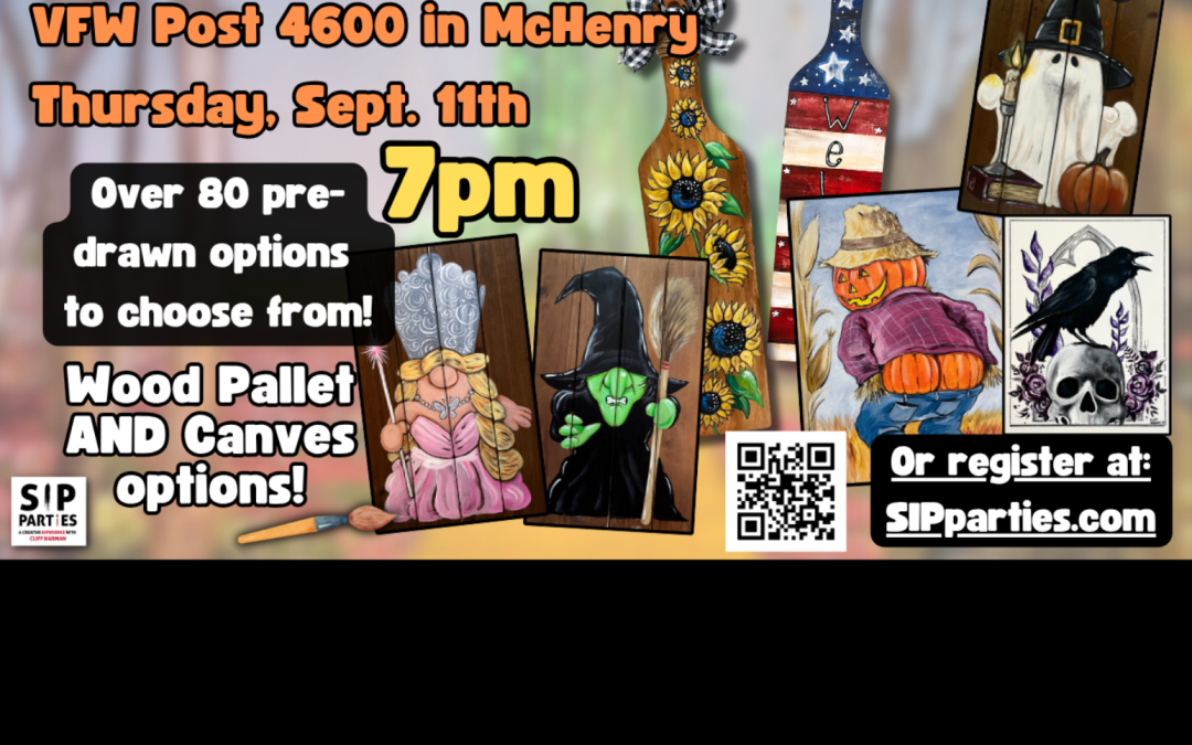 Pre-Drawn SIP & Paint Experience! VFW Post 4600 in McHenry.  Thursday, Sept. 11th  7PM