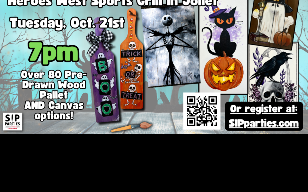 Pre-Drawn SIP & Paint Experience! Heroes West Sports Grill in Joliet.  Tues, Oct. 21st  7PM