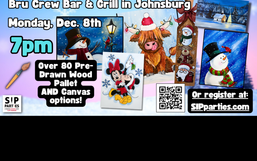 Pre-Drawn SIP & Paint Experience! Bru Crew Bar & Grill.  Monday, Dec. 8th  7PM
