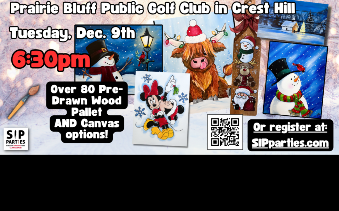 Pre-Drawn SIP & Paint Experience! Prairie Bluff Public Golf Club.  Tuesday, Dec. 9th  6:30PM
