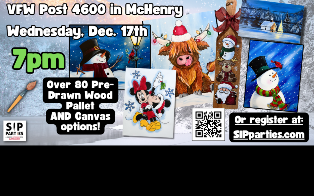 Pre-Drawn SIP & Paint Experience! VFW Post 4600 in McHenry.  Wednesday, Dec. 17th  7PM