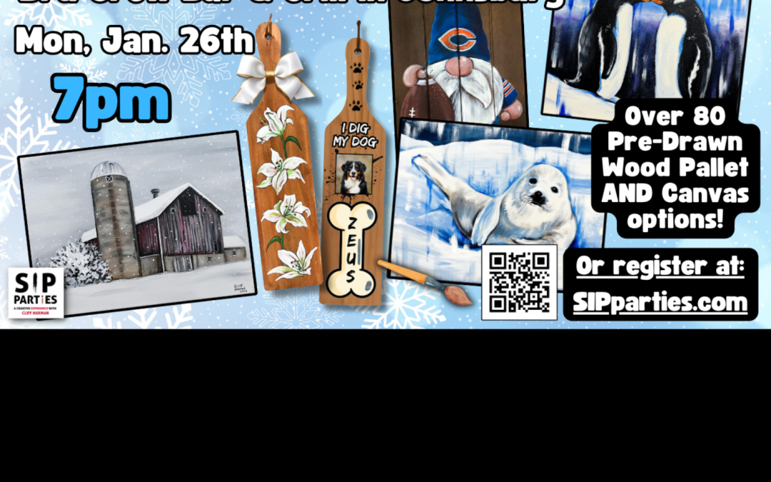 Pre-Drawn SIP & Paint Experience! Bru Crew Bar & Grill in Johnsburg.  Mon, Jan. 26th  7PM