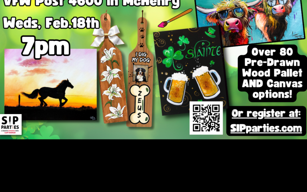 Pre-Drawn SIP & Paint Experience! VFW 4600 in McHenry.  Weds, Feb. 18th  7PM